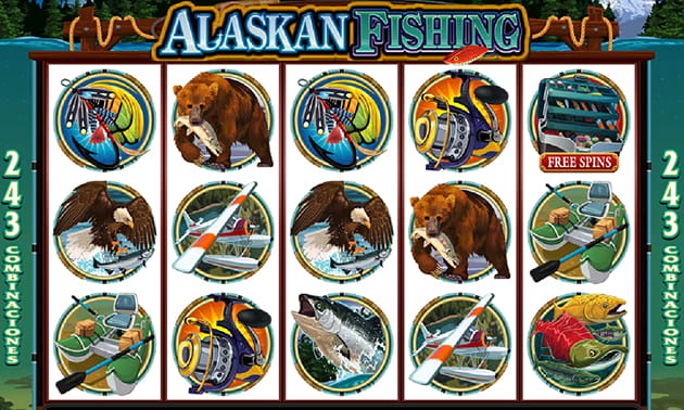 Menú principal de Alaskan Fishing slot con el panel de juego y los diferentes tambores y filas representados.