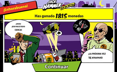 Panel de control de la slot Jack Hammer en el que figura un letrero “Enhorabuena”, una ganancia de 1815 monedas y dos de los protagonistas del juego.