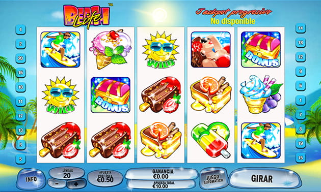 Menú principal de Beach Life con el panel de juego y los diferentes tambores y filas representados.