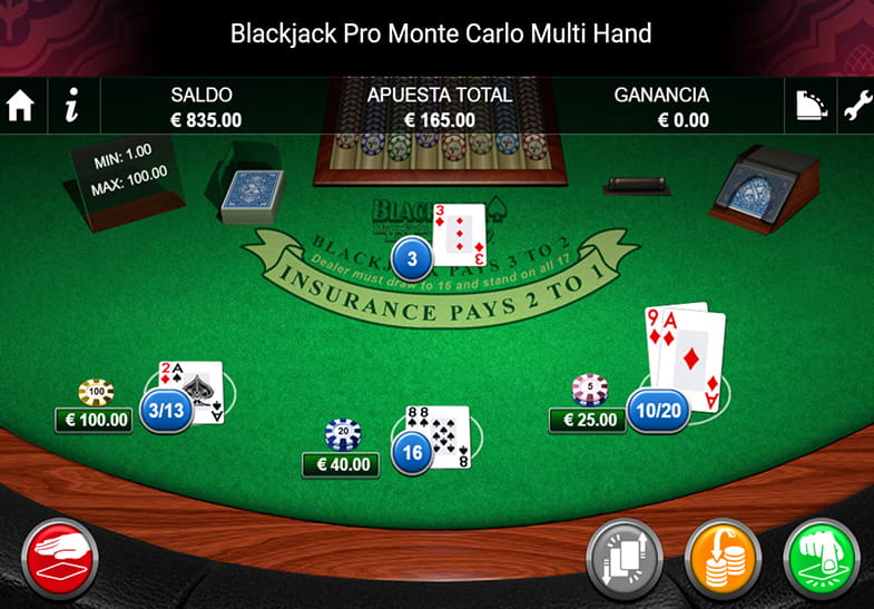 Reparto de cartas sobre el tapete del Blackjack Pro Monte Carlo Multi Hand