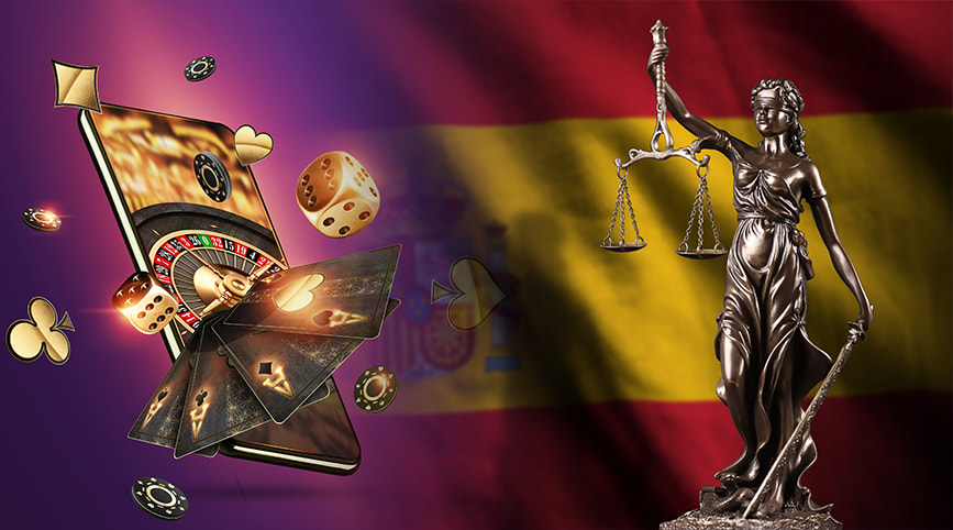 Casinos con licencia en el móvil con juegos y la estatua de la justicia.