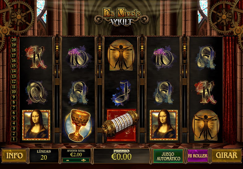 Panel del juego principal de Da Vinci's Vault de Playtech
