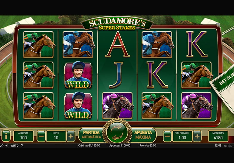Panel del juego principal de la tragaperras Sudamore's Super Stakes de NetEnt en su versión de demostración