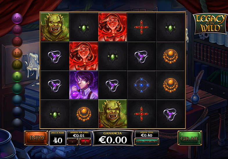 Pantalla con los tambores de la slot Legacy of the Wild antes de empezar el giro