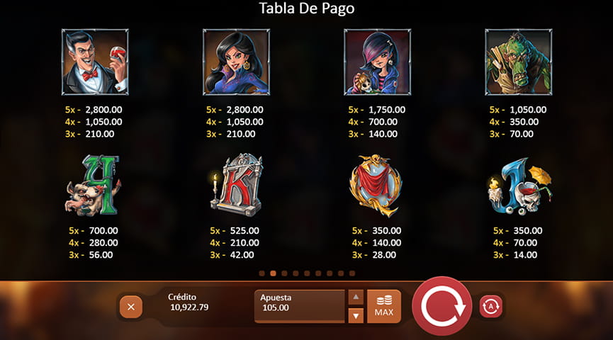 Captura de pantalla de Dracula's Family de la tabla de pagos del juego con todas las retribuciones de la familia Dracula, de las letras y del comodín.
