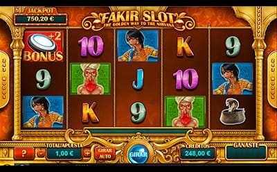 Pantalla de la slot Fakir mostrando los cinco carretes con los principales símbolos del juego