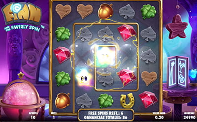 Pantalla de la slot Finn and the Swirly Spin durante los giros gratis Starbar.