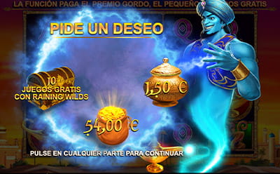 La función Bonus de la slot 3 Genie Wishes con premios: uno de 10 giros gratis con Raining Wilds, premio pequeño y premio alto