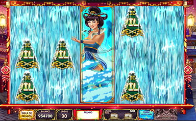 La diosa del agua lanzando la función especial La Catarata en la slot Diosas de Oriente