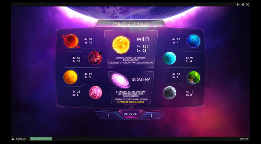 La tabla con símbolos de pago en la slot Galactic Streak de Playtech.