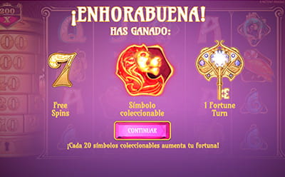 Ganancia de siete giros gratis, símbolo Llave para cambiar de nivel y símbolo coleccionable en la slot Turn Your Fortune