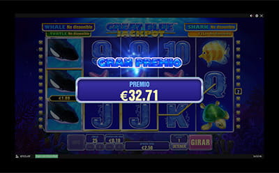 Felicitación por un gran premio, conseguido en la tragaperras Great Blue Jackpot.