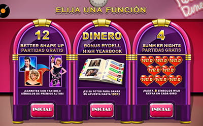 Función Jukebox en la slot Grease con tres opciones de bonificación.
