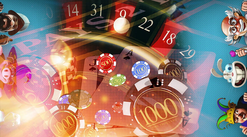 Collage con imagenes superpuestas de ruletas, fichas y cartas