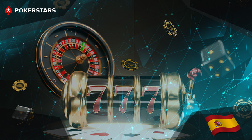 Casino online PokerStars con tragaperras, ruleta, fichas de poker y dados.