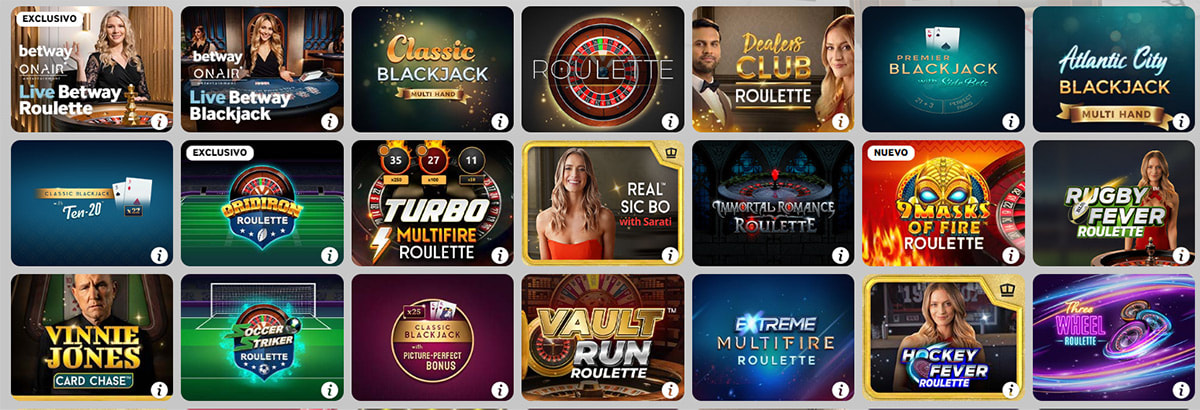 Ruleta, blackjack y otros juegos en el casino Betway.