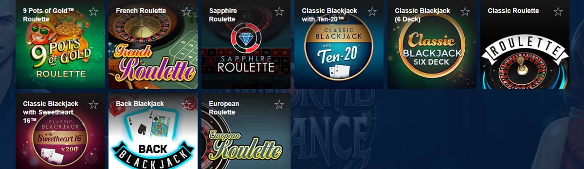 Ruleta, blackjack y otros juegos en el casino Marathonbet.