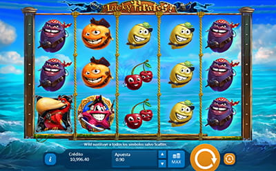 Pantalla con cinco carretes de la slot Lucky Pirates y algunos de sus símbolos de frutas dibujadas como piratas