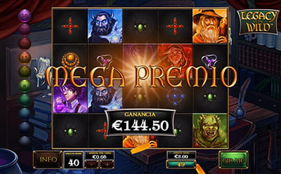 Mensaje de mega premio en la pantalla de la slot Legacy of the Wild.