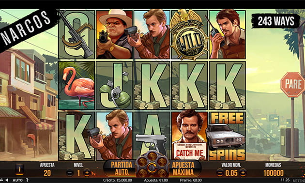 Menú principal de Narcos con el panel de juego y los diferentes tambores y filas representados.