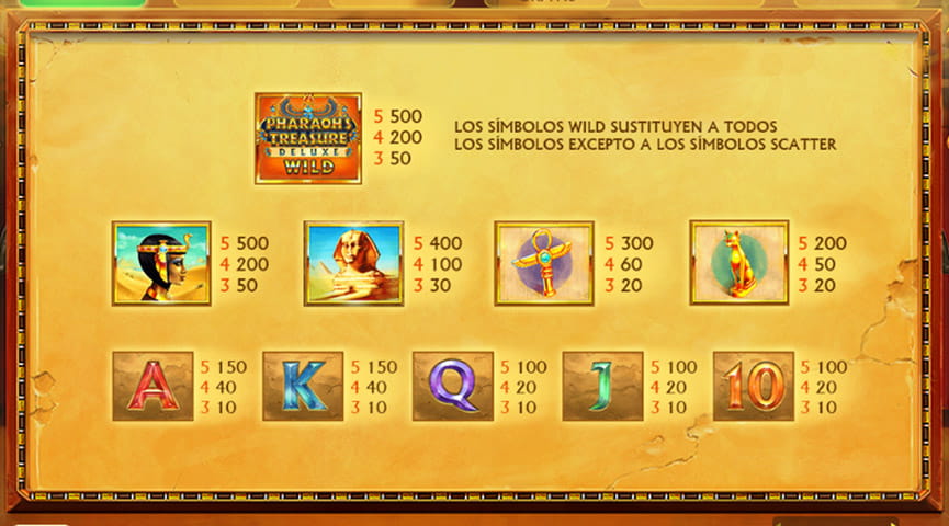 Símbolos de pago en la slot Pharaoh's Treasure Deluxe: Wild, reina egipcia, esfinge, llave, gato, letras A, K, Q, J, 10