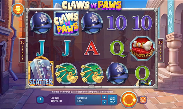 Panel inicial de la tragaperras Claws vs. Paws, compuesta por 5 tambores y 3 filas, mostrando símbolos del juego.