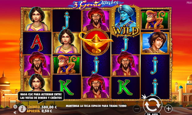 Pantalla inicial del juego base en la slot 3 Genie Wishes con los principales símbolos de pago