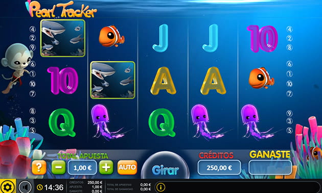 Inicio de la slot Pearl Tracker con símbolos tiburón, medusa, pez naranja, letras A, Q, J y 10