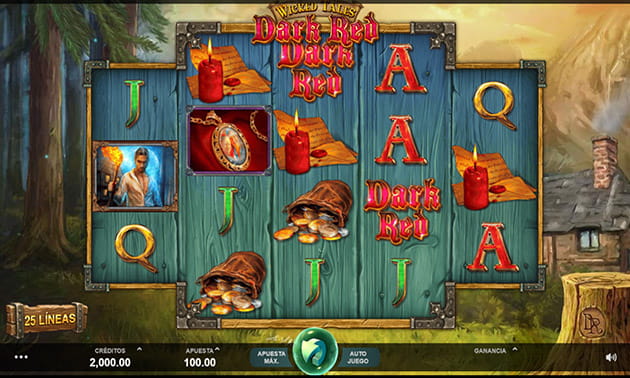 Pantalla inicial de slot Wicked Tales Dark Red con símbolos: licántropo, bolsa de dinero, vela roja, medallón, letras J, A, Q