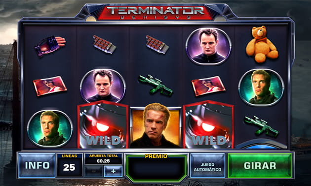 Pantalla principal de la slot Terminator Genisys de 5 rodillos y 3 filas, en los que se ven los símbolos del Abuelo, Kyle, John Connor y el comodín entre otros.