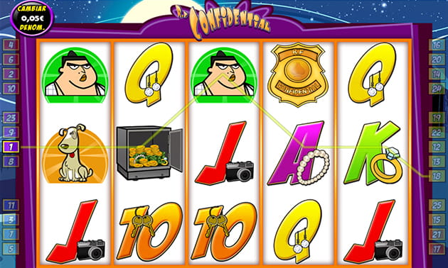 Menú principal R.F Confidential con el panel de juego y los diferentes tambores y filas representados.