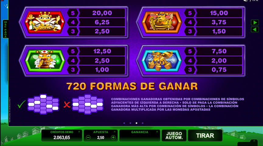 La tabla con símbolos de pago en la slot Pollen Party de Microgaming.