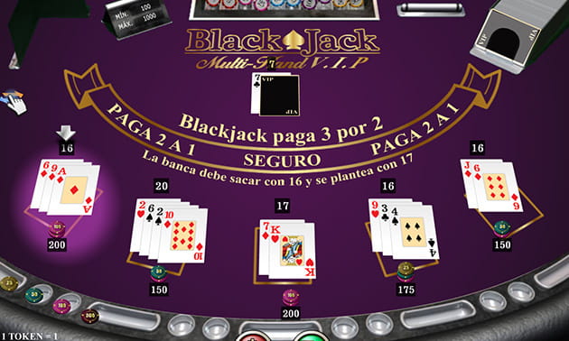 Menú de juego del Blackjack Multi-Hand VIP, con su tapete, barajas y las diferentes manos