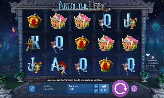 Menú principal de Art of the Heist con el panel de juego y los diferentes tambores y filas representados.