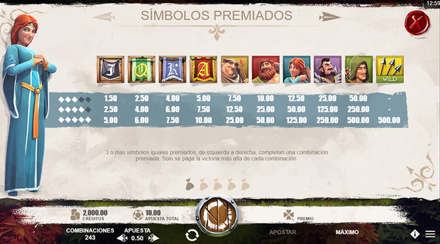 Captura de pantalla de Robin of Sherwood de la tabla de pagos del juego con todas las retribuciones de los protagonistas del juego, letras y el comodín con las flechas.