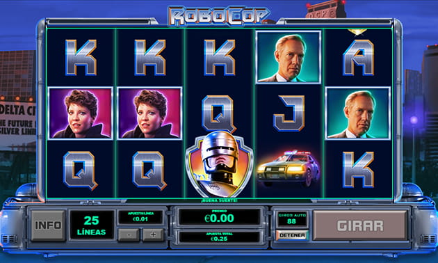 Menú principal de Robocop slot de Playtech con el panel de juego y los diferentes tambores y filas representados.