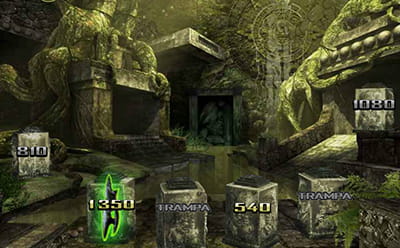 Momento de la bonificación “Aventura por el mundo” en la slot Tomb Raider Secret of the Sword mostrando un anciano templo en Bolivia