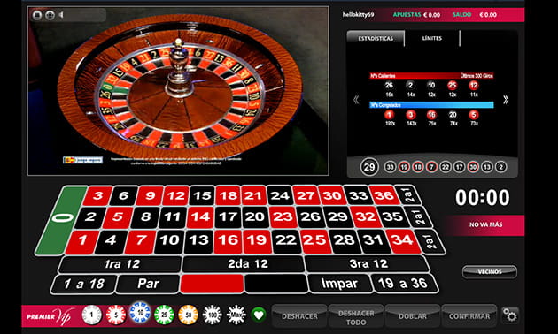 La rueda, los controles principales y el tapete de la Ruleta Premier VIP.