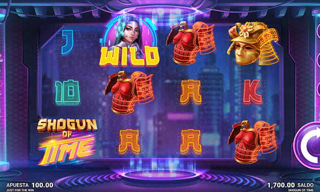 Menú principal de Shogun of Time Slot de Microgaming con el panel de juego y los diferentes tambores y filas representados.