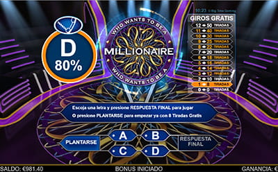 Juego de la silla caliente en la tragaperras Who Wants to be a Millionaire.