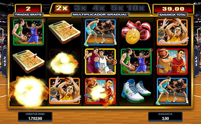 Función Rolling Reels con multiplicador de premios en los giros gratis de la tragaperras Basketball Star.