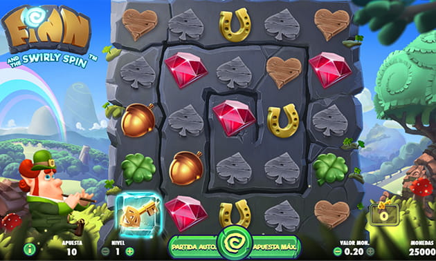 Panel de juego de la tragaperras Finn and the Swirly Spin de forma espiral, donde los símbolos se mueven en avalancha.