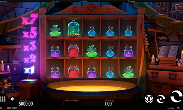 Panel de inicio de la slot Frog Grog con sus 5 carretes y 3 filas, algunos de los símbolos y la escala de multiplicadores a la izquierda.