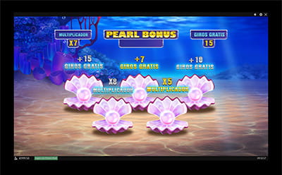 Bonificación Pearl Bonus en la slot Great Blue Jackpot, dando un premio de 7 giros gratis adicionales y un multiplicador de x5.