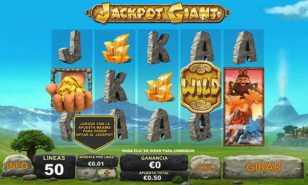Pantalla inicial al abrir la slot Jackpot Giant, mostando los 5 carretes y las 3 filas del tablero.