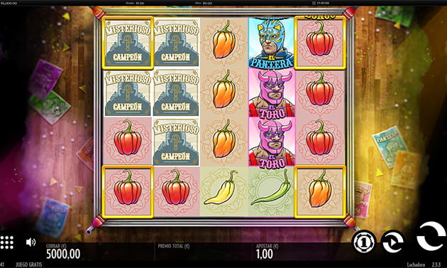 Panel de juego principal de la slot Luchadora de 5 rodillos y 4 filas.