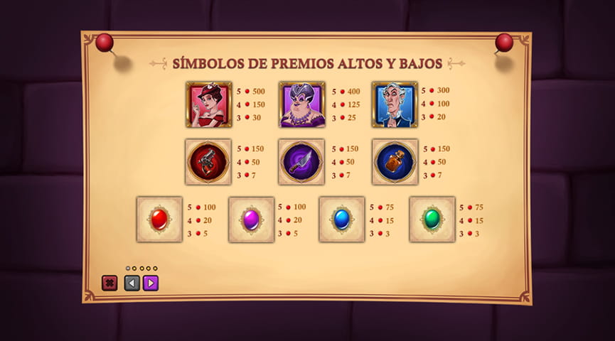 Tabla de pagos de la slot Murder Mystery, mostrando los premios asociados a los símbolos en el juego.