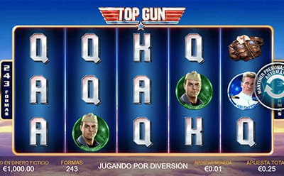 Panel de la versión móvil de la slot Top Gun con el boton de girar desplazado a la derecha y vista adaptada a la pantalla menor.