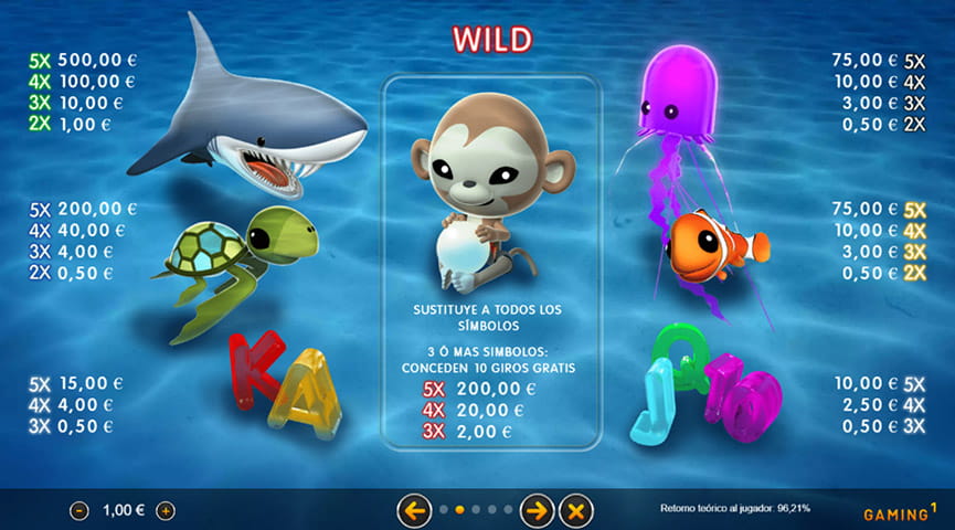 Símbolos de pago en la slot Pearl Tracker: el tiburón, la tortuga, la medusa, el pececito, letras A, K, Q, J y 10