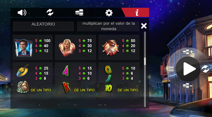 Tabla de pagos de The Mask del juego con todas las retribuciones de los protagonistas, de las letras y del número 10.